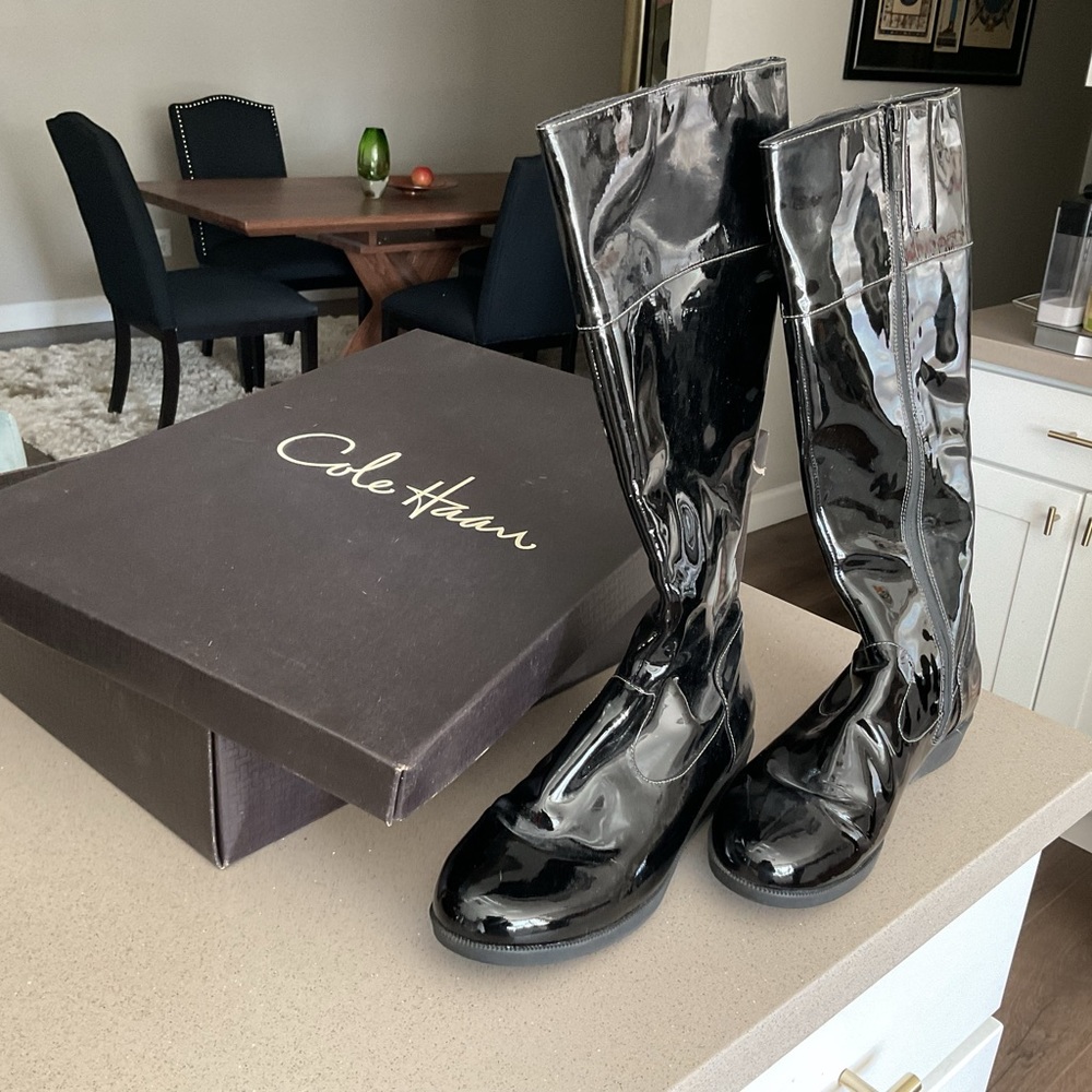 COLE HAAN Nike Air Black Patent,  tall waterproof rain boots with zipper.